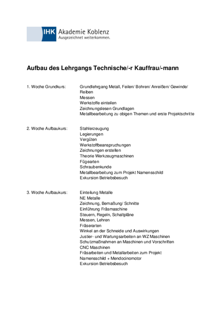 Aufbau des Lehrgangs Technische/-r Kauffrau/-mann 